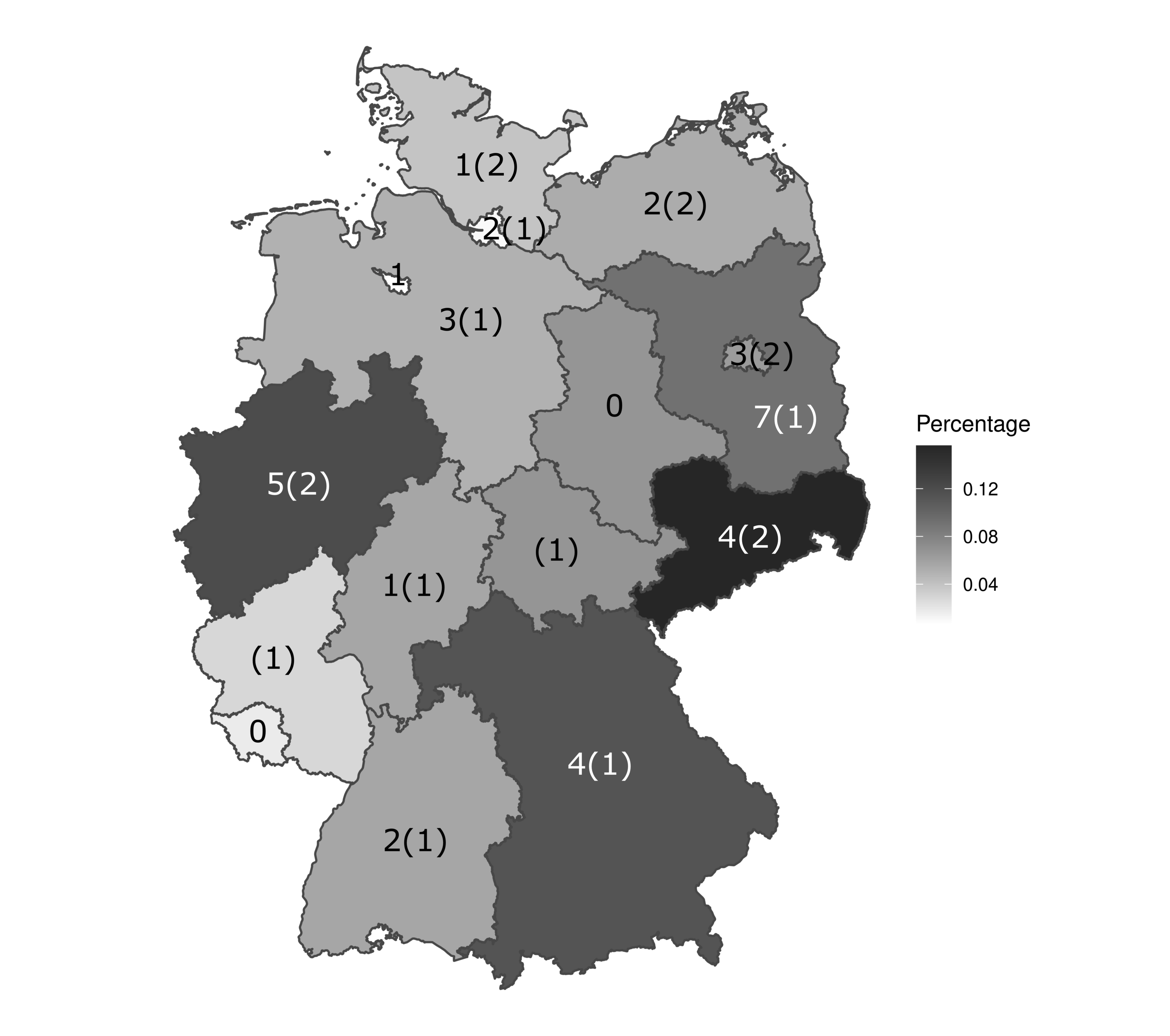 Figure 6. Map of Germany shaded according to the proportion of RWE-motivated homicides (source: RTV dataset) with the number of proscriptions since 1990 in each region. The numbers in parentheses indicate organisations that were proscribed by the federal government, but which were mainly active in the indicated region.